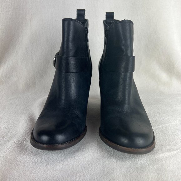 Lucky Brand Yishi Ankle Booties 8.5 Black Leather Stacked Wedge Zip Buck… - Picture 5 of 12